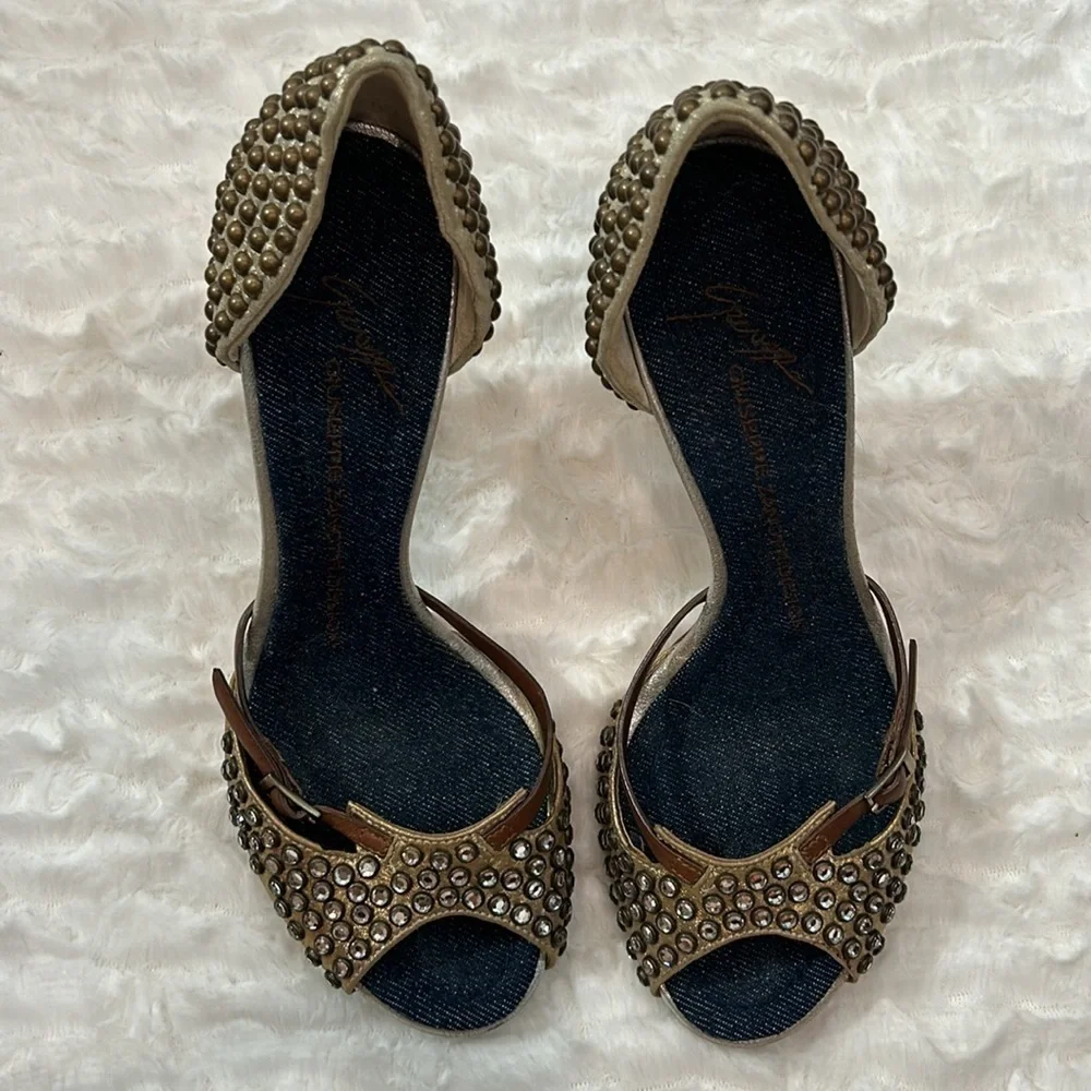 Giuseppe Zanotti Rhinestone Studded Bronze And Brown w Denim Insole Sandals 6.5